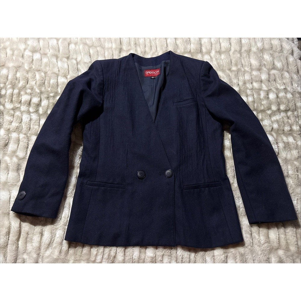 Vintage Sasson Blazer Womens 10 Navy Blue Wool Collarless Lined‎ Jacket